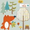 Cute Fox on a postcard with wildlife and inscription. Vector design, children`s illustration.
