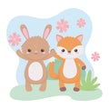 Cute fox rabbit flowers foliage cartoon animals in a natural landscape