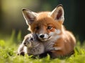 Cute fox and rabbit hugging each other