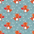 Cute fox and red heart for valentine seamless pattern