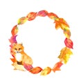 Cute fox, red leaves. Autumn wreath. Watercolor circle border