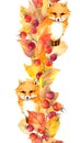 Cute fox, red leaves, berries - autumn border. Watercolor frame Royalty Free Stock Photo