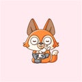 Cute fox relax with a cup of coffee cartoon animal character mascot icon flat style illustration concept Royalty Free Stock Photo