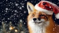 Cute fox with santa\'s hat under the snow