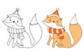 cute fox in a scarf and a hat. Winter character collection - Line, outline and color drawing. Vector illustration. For Royalty Free Stock Photo