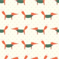 Cute fox seamless pattern on polka dots background.