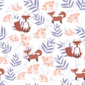 Cute fox seamless pattern, wolf hand drawn forest background with flowers and leaves