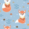 Cute fox seamless pattern, wolf land background with rocks and dots