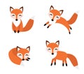 Cute fox set flat style. Foxy in different poses, sleeping, jumping, sitting.
