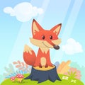 Cute fox sits on a stupm tree in the meadow. Vector illustration with animals in cartoon style Royalty Free Stock Photo