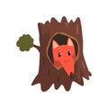 Cute fox sitting in hollow of tree, hollowed out old tree and cute animal cartoon character inside vector Illustration