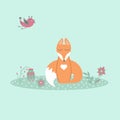 Cute fox sitting on lawn in forest with bird and flowers in cartoon style Royalty Free Stock Photo