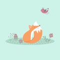 Cute fox sitting on lawn in forest with bird and flowers in cartoon style Royalty Free Stock Photo