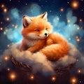 Cute fox sitting in a wicker basket on a starry night