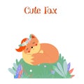 Cute fox sleep on green field isolated hand drawn