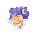 A cute fox is sleeping on a blanket with a watercolor toy on a white background. children\'s watercolor illustration. Royalty Free Stock Photo