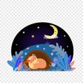 Cute fox sleeping in hole at night under sky moon