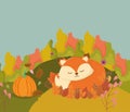 Cute fox sleeping in leaves hello autumn