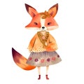 Cute fox in smart clothes, boho style, on a white background, watercolor, foxy lady