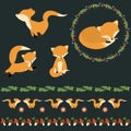 Cute fox template. Flower and berry wreath. Nature border