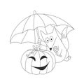 Cute fox, umbrella from the rain and a pumpkin. Halloween. Autumn holidays. Vector Illustration