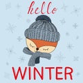 Cute fox in a warm hat and scarf with the words hello winter on a blue background with snowflakes, vector illustration for a Royalty Free Stock Photo