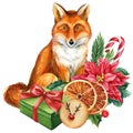 Cute fox watercolor drawing. Holiday compositions, Winter animal Royalty Free Stock Photo