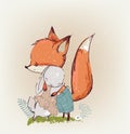 cute fox with white hare huxing Royalty Free Stock Photo