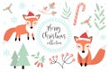 Cute fox in the winter forest set of objects. Collection of design elements with a little foxy in a hat of Santa Claus Royalty Free Stock Photo