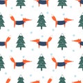 Cute fox, xmas tree and snowflake seamless pattern.