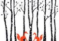 Cute foxes with birch trees, vector