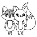 Cute foxes cartoon animals white background thick line Royalty Free Stock Photo