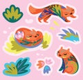 Cute foxes with floral elements inside. Vector stickers