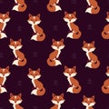 Cute Foxes and forest plants Elements. Wild Animal in the woods. Purple and orange repeat design for wallpaper, fabric Royalty Free Stock Photo