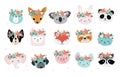 Cute foxes heads with flower crown, vector seamless pattern design for nursery, poster, birthday greeting cards Royalty Free Stock Photo