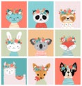 Cute foxes heads with flower crown, vector seamless pattern design for nursery, poster, birthday greeting cards Royalty Free Stock Photo