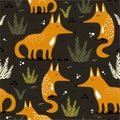 Cute foxes and plants, seamless pattern