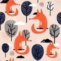 Cute foxes, trees and clouds, colorful seamless pattern
