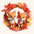 Cute foxes in wreath of autumn leaves. Vector illustration.