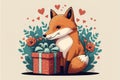 Cute foxy with Valentines presents animal for Valentine greeting card design, banner, sticker, home. Generative AI