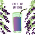 Cute frame with glass of acai berries smoothie, hand drawn elements with lettering