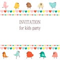 Cute frame for kids invitation. Vector illustration. Funny birds and hearts elements for an amazing card.