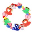 Cute frame made of tea cups and sweets including panna cotta, lollipops, dragees and cupcakes. Royalty Free Stock Photo