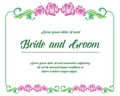 Cute frame with purple flower and green leaves, for decoration of template bride and groom. Vector Royalty Free Stock Photo