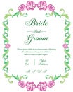 Cute frame with purple flower and green leaves, for decoration of template bride and groom. Vector Royalty Free Stock Photo