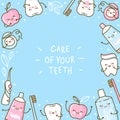 Cute frame with teeth and objects for dental care on blue background - funny toothpaste, brush, apple, irrigator, dental floss and Royalty Free Stock Photo