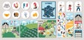 Cute France cards set with Eiffel tower, Notre dame, people, animals, croissant, baguette. Vector cartoon French square, round,