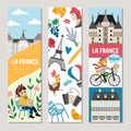 Cute France vertical cards set with Eiffel tower, castle, people, animals, croissant, baguette. Vector cartoon French bookmark