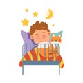 Cute Freckled Boy Sleeping in Bed at Night with Cat Pet Vector Illustration