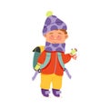 Cute Freckled Boy in Warm Winter Clothing and Backpack Going to School Vector Illustration